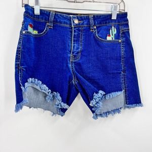 Statement Applique Embroidered Cactus Flower Dessert Fringe Denim Shorts 27